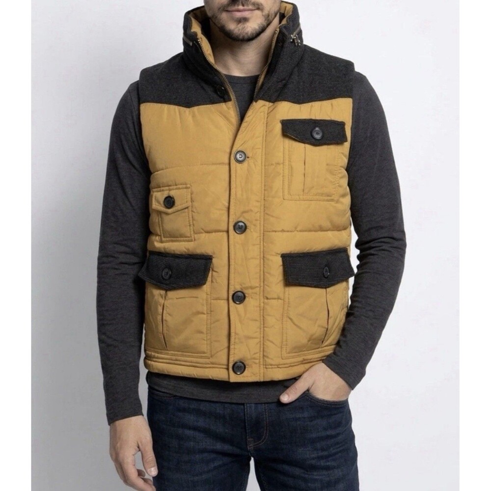 Vest Paul Rizk Hooded Quilted Full Zip Mustard Yellow Gray Camo Lined Men Sz XL